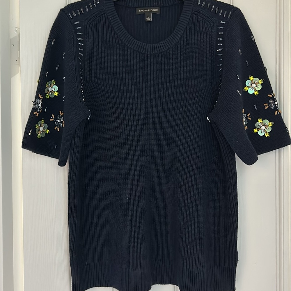 Banana Republic navy blue short sleeve embellished sweater size L